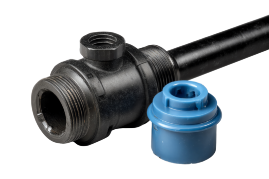 Black pipe fitting and blue PVC cap, white isolate background