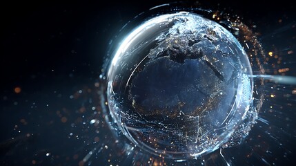A glowing holographic globe floating in space, with digital data streams and geographical outlines visible. .