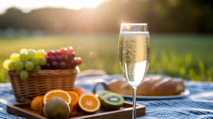 Picnic with Sparkling Drink and Fruit at Sunset
