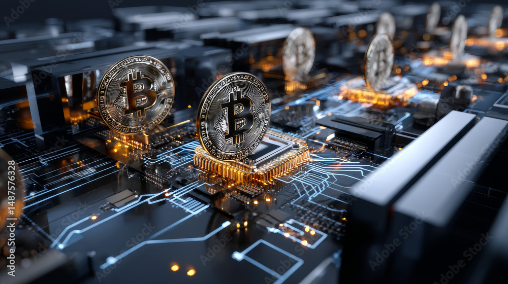 Poster blockchain and fintech of crypto currency. block chain technology. mining cryptocurrency isometric c