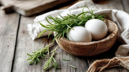 Keto diet in rustic kitchen with classic style concept. Fresh eggs and herbs creatively arranged in a rustic bowl.