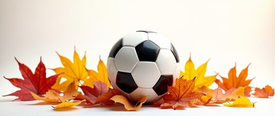 A white and black soccer ball resting on a bed of autumn leaves