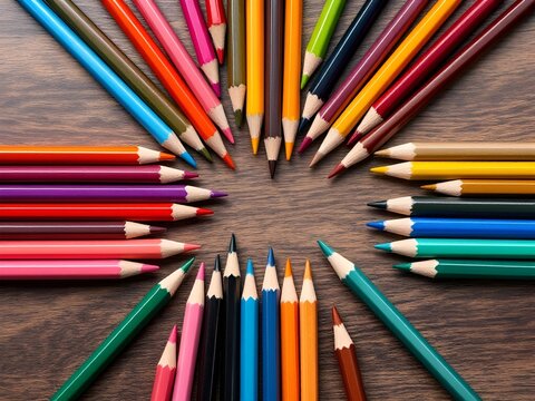 A collection of colorful pencils arranged in a circular pattern on a wooden surface.