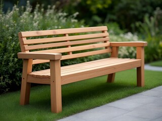 Fototapeta premium A beautifully crafted wooden bench in a serene garden setting