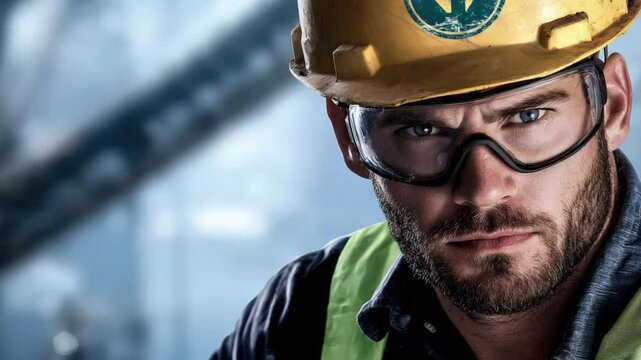 Hard Hat Integrity: A determined construction worker wearing a hard hat and protective glasses, embodying the essence of diligence and precision in the field.