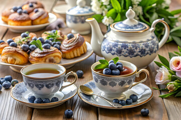 Fototapeta premium Elegant tea setting with blueberries and pastries arranged for afternoon refreshment