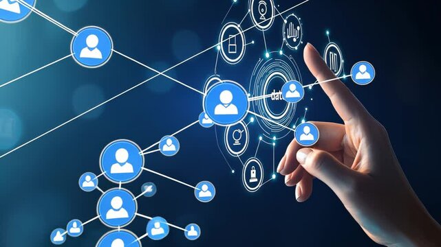 Hand interacting with digital network interface featuring connected user icons