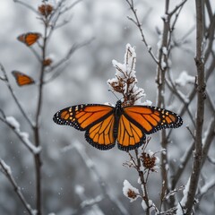 A monarch butterfly in winter roost, pure white style