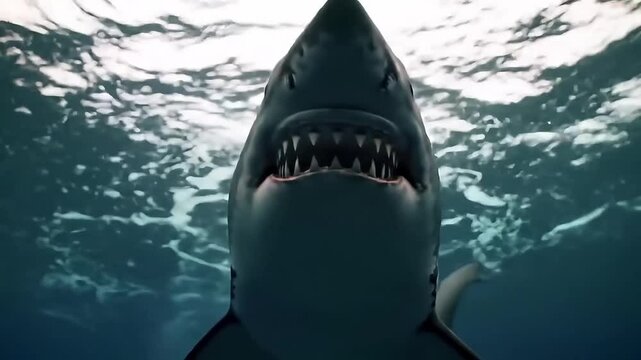 Great White Shark Attacks with Jaws Wide Open, Rows of Sharp Teeth Visible, Sunlight Breaking Through Water &ndash; Victim&rsquo;s POV