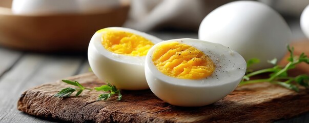 Meal prep for protein and nutrition in yolk concept. Fresh boiled eggs on a wooden board, perfect for breakfast.