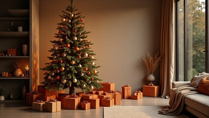 Obraz premium A decorated Christmas tree in a cozy living room, with presents stacked around its base. The tree is adorned with ornaments and lights, casting a warm glow over the scene
