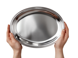 Hands holding a shiny silver platter, white isolate background.