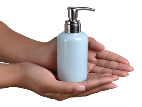 Hands holding a blue pump bottle on a white isolated background.
