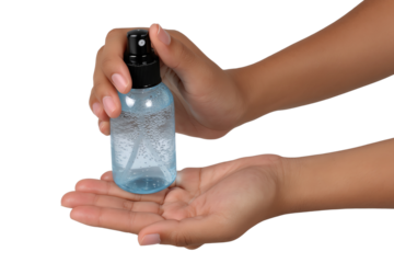 Hands using sanitizer spray to cleanse, white isolate background.