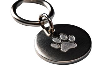 Metal pet tag with paw print, white isolate background