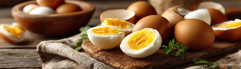 Farm fresh eggs in minimal style with rustic kitchen concept. Fresh eggs on a wooden board, showcasing whole and sliced variants.