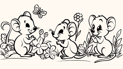 Three cartoon mice with friendly faces and bold outlines sit together in a simple, monochrome flower garden, perfect for young children to color.
