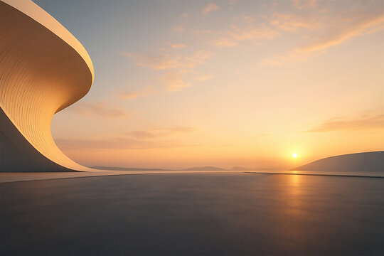 AI generated, Minimal modern concrete showroom background with scenic architecture and nature &mdash; ideal for EV car advertising or promotional text layout