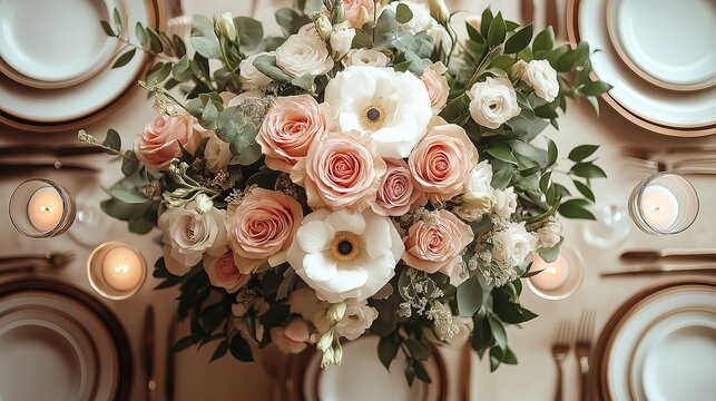Elegant wedding table with floral centerpiece and fine china, radiating timeless romance and sophistication