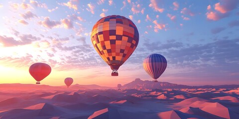Naklejka premium Colorful hot air balloons over a desert landscape at dawn.