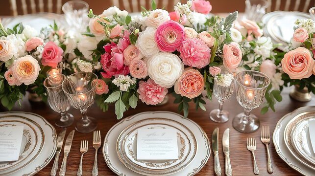 Elegant wedding table with floral centerpiece and fine china, radiating timeless romance and sophistication