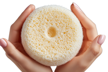 Round bath sponge held by hands, white isolate background