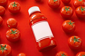 Tomato Juice Bottle with Fresh Tomatoes: Vibrant Red Still Life