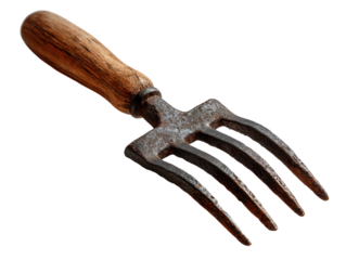 Rustic garden fork with wooden handle isolated on white background