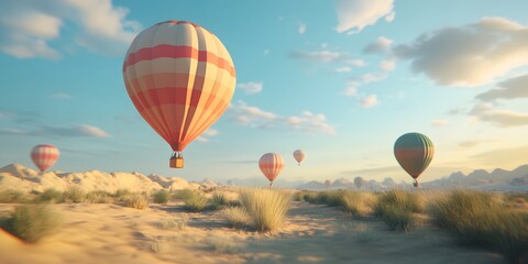 Obraz premium Colorful hot air balloons over a desert landscape.