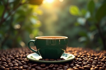 A green coffee mug on a white plate over coffee beans