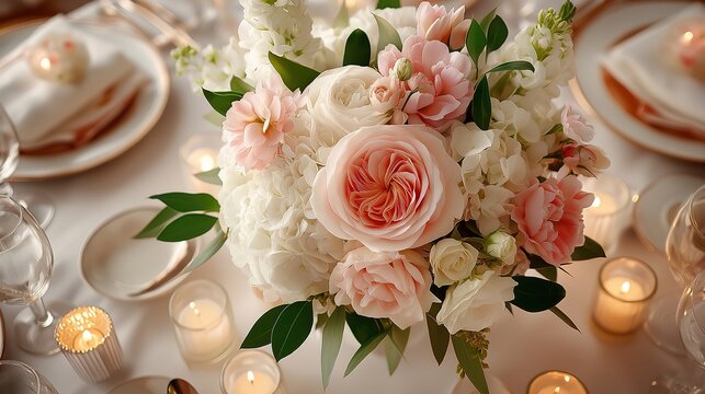 Elegant wedding table with floral centerpiece and fine china, radiating timeless romance and sophistication