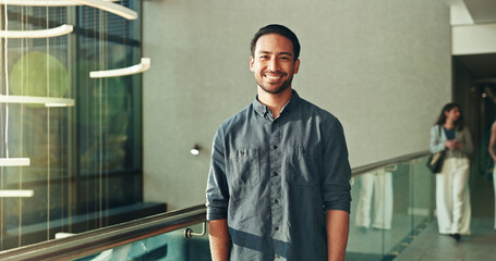 Happy, business and man with portrait in lobby for career pride, about us and financial conference....