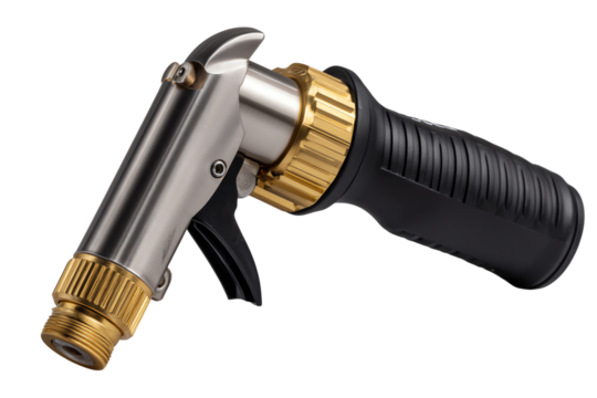 Spray nozzle, brass and plastic design, white isolated background