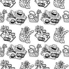 Cottagecore repeat pattern. Cute picnic basket doodle.