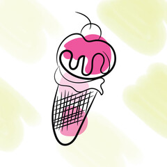 Abstract Line Art Pink Ice Cream Cone on Pastel Background