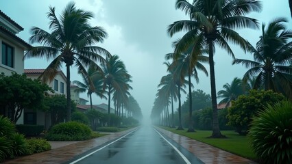 Wet sidewalk after rain in tropical area with palm trees