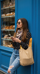 Parisian Chic: Woman, Baguette, & Style at a Bakery - Fashion, Travel & French Flair!