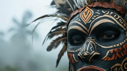 Fototapeta premium Tribal Mask, Ceremonial Dance, Jungle, Foggy Background, Cultural Heritage
