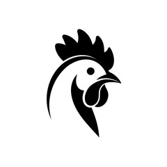 Rooster Head Silhouette: A bold and minimalist black and white illustration of a rooster's head, showcasing its prominent comb and sharp beak, ready to be used for logo design, branding.