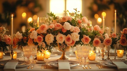 Elegant wedding table with floral centerpiece and fine china, radiating timeless romance and sophistication