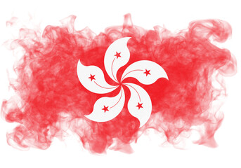 Distressed effect design of Hong Kong flag with red background and bauhinia flower illustration on black, showing a symbol of