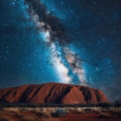 Uluru, a prominent Australian landmark, stands out against the star-studded night sky, its red earth and intricate patterns a testament to the region's geological history.