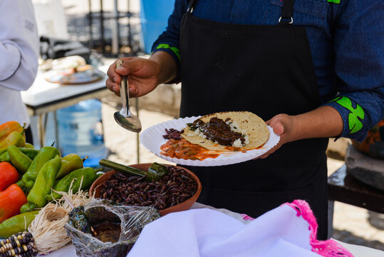 A vendor presents a delicious-looking taco filled with mole, rice, and topped with chapulines.