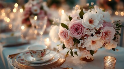 Elegant wedding table with floral centerpiece and fine china, radiating timeless romance and sophistication
