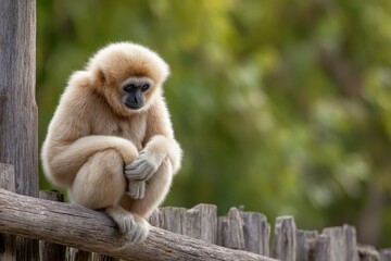 Obraz premium Contemplative Gibbon: Serene Portrait on Rustic Fence