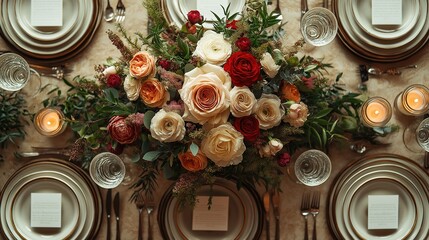 Elegant wedding table with floral centerpiece and fine china, radiating timeless romance and sophistication