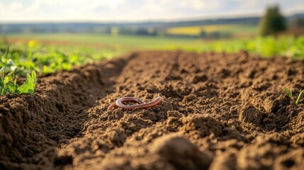 Earthworm on freshly tilled soil, a sign of healthy ecosystems and fertile land. Agricultural field, spring season, vibrant colors