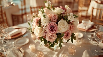 Elegant wedding table with floral centerpiece and fine china, radiating timeless romance and sophistication