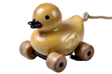 Wooden duck toy with wheels on a white isolated background.