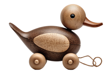Wooden duck pull toy, white isolate background